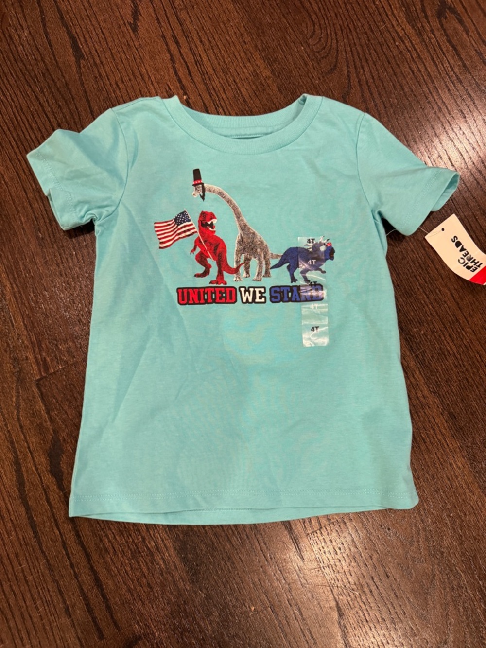 4T Toddler Boys USA Patriotic ThemeUnited We Stand Dino Graphic Tee - Light Aqua